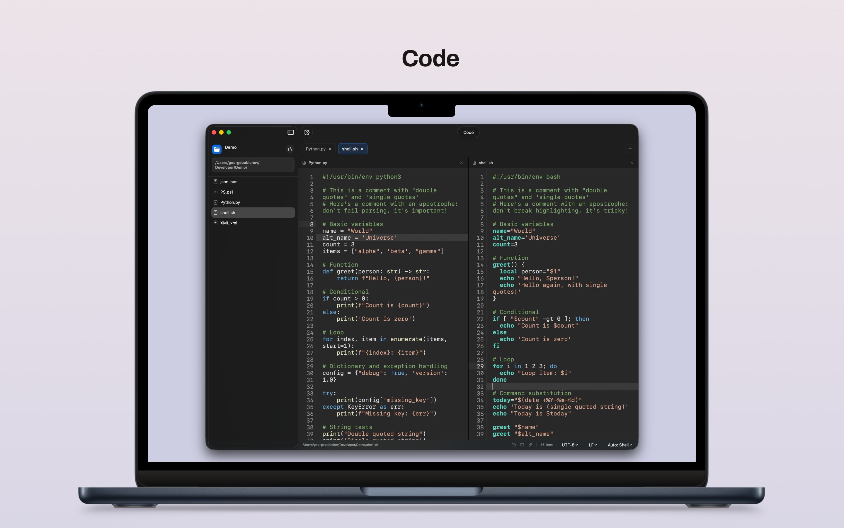 Code editor showing the sidebar and editor interface
