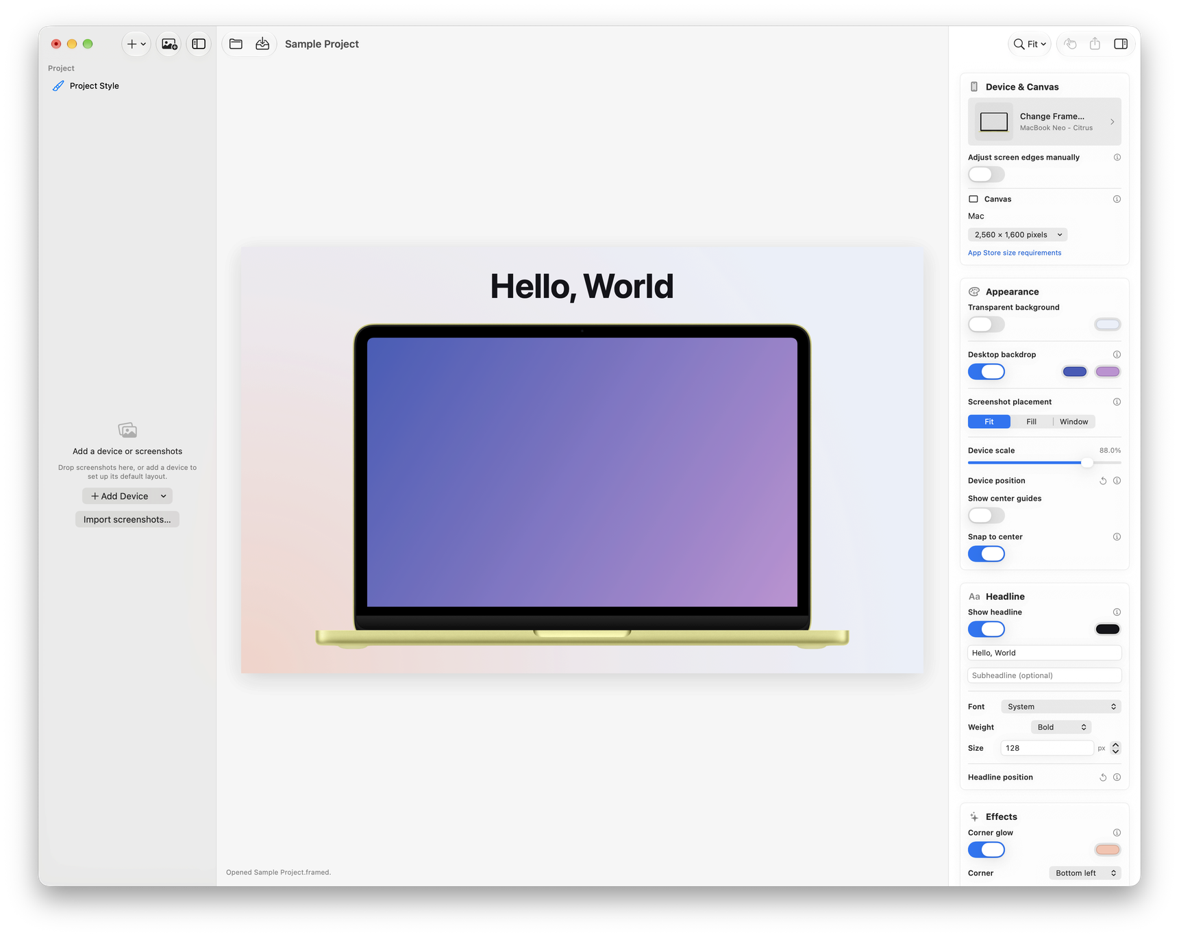 Framed canvas editor showing a MacBook frame, headline, and appearance controls