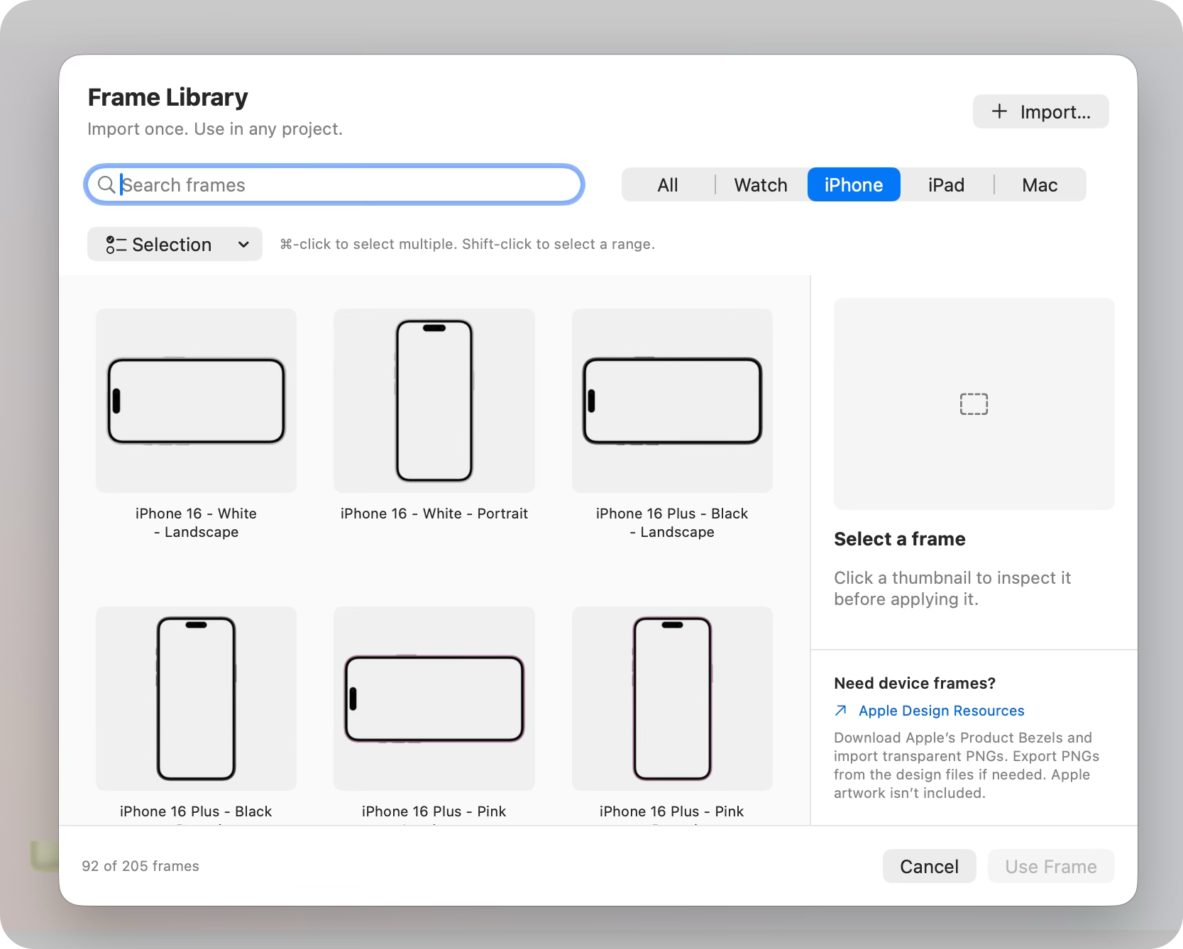 Framed Frame Library showing searchable iPhone frames and device filters