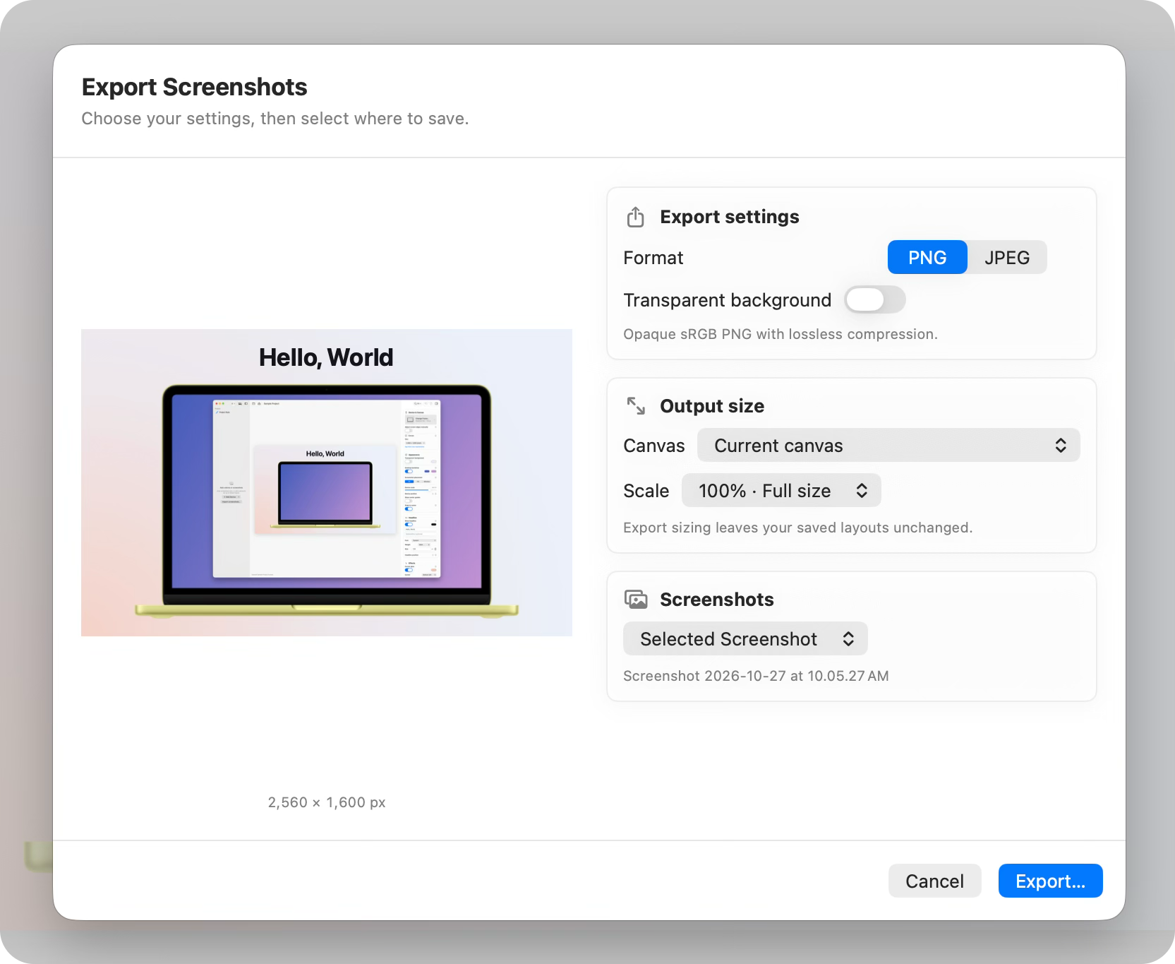 Framed export dialog with image preview, format, output size, and screenshot selection settings