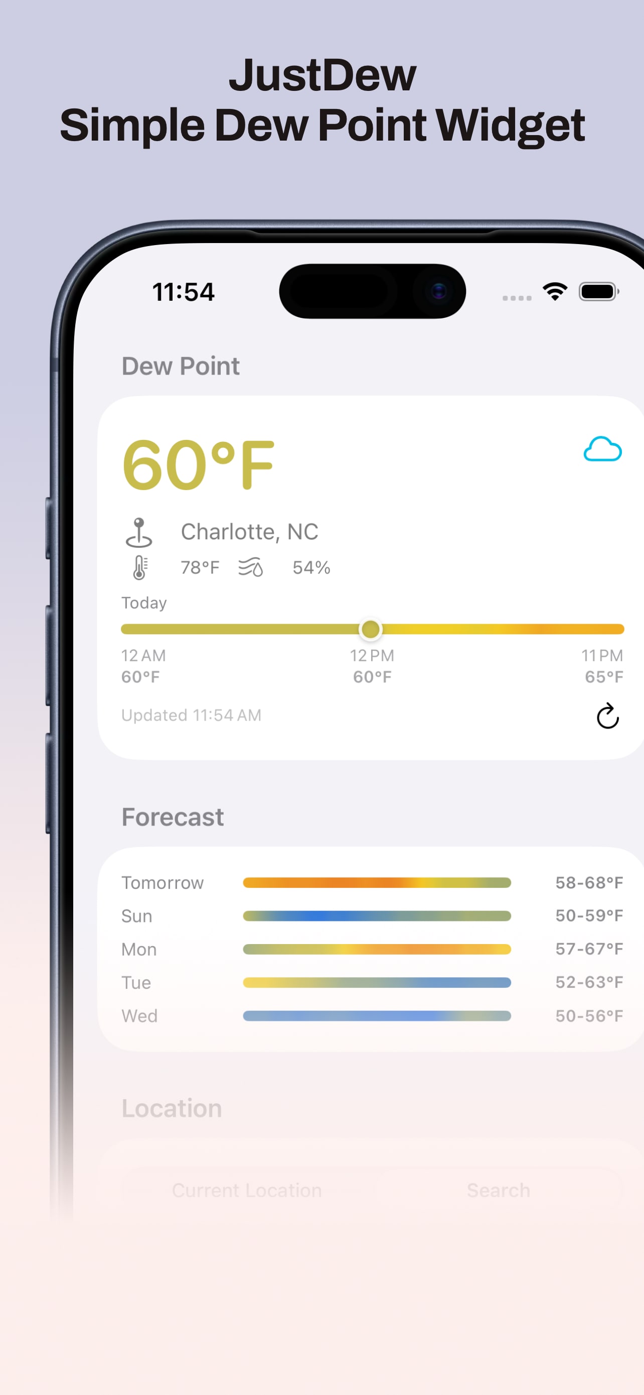 JustDew iPhone app showing current dew point and location controls
