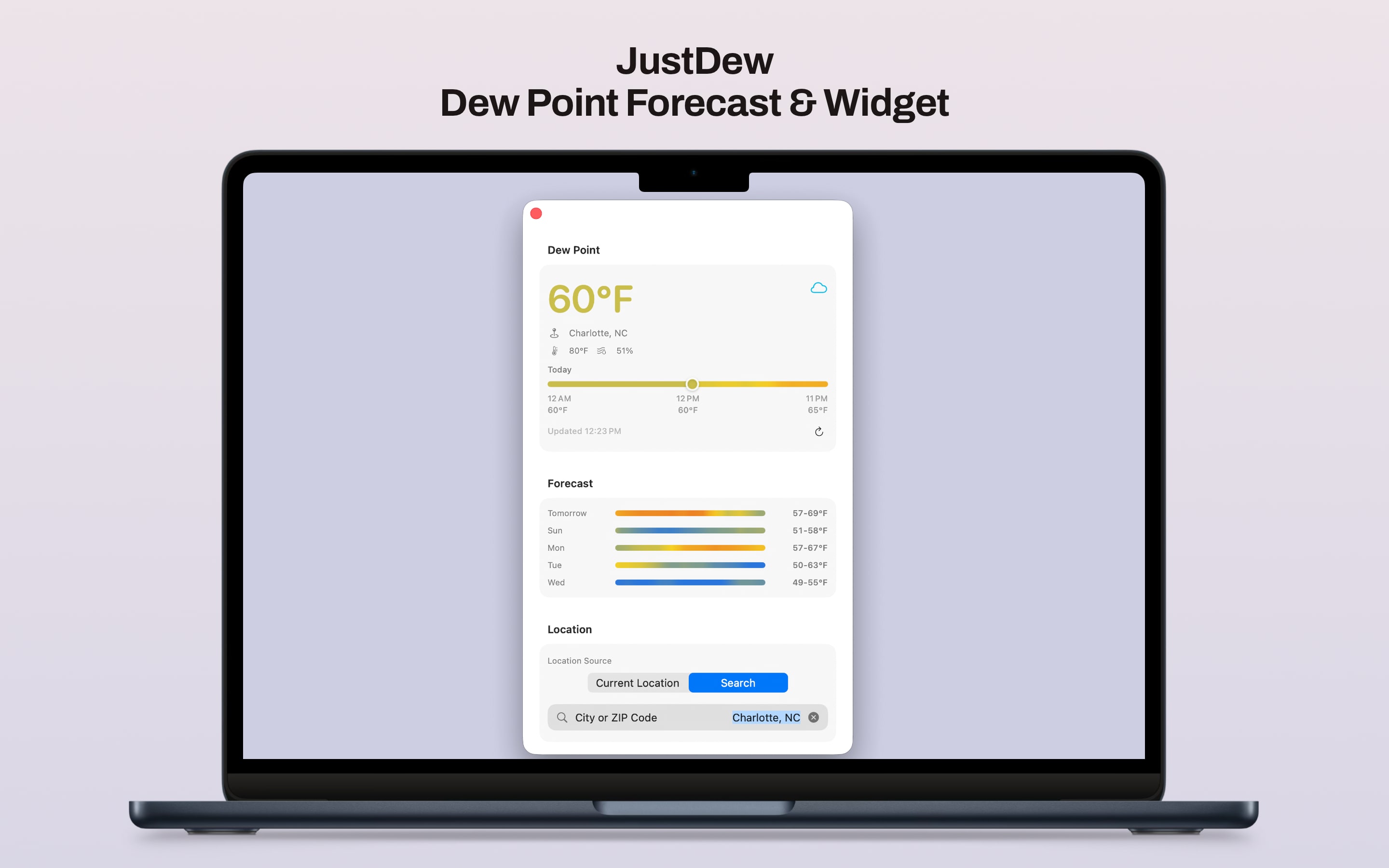 JustDew Mac desktop widget showing dew point