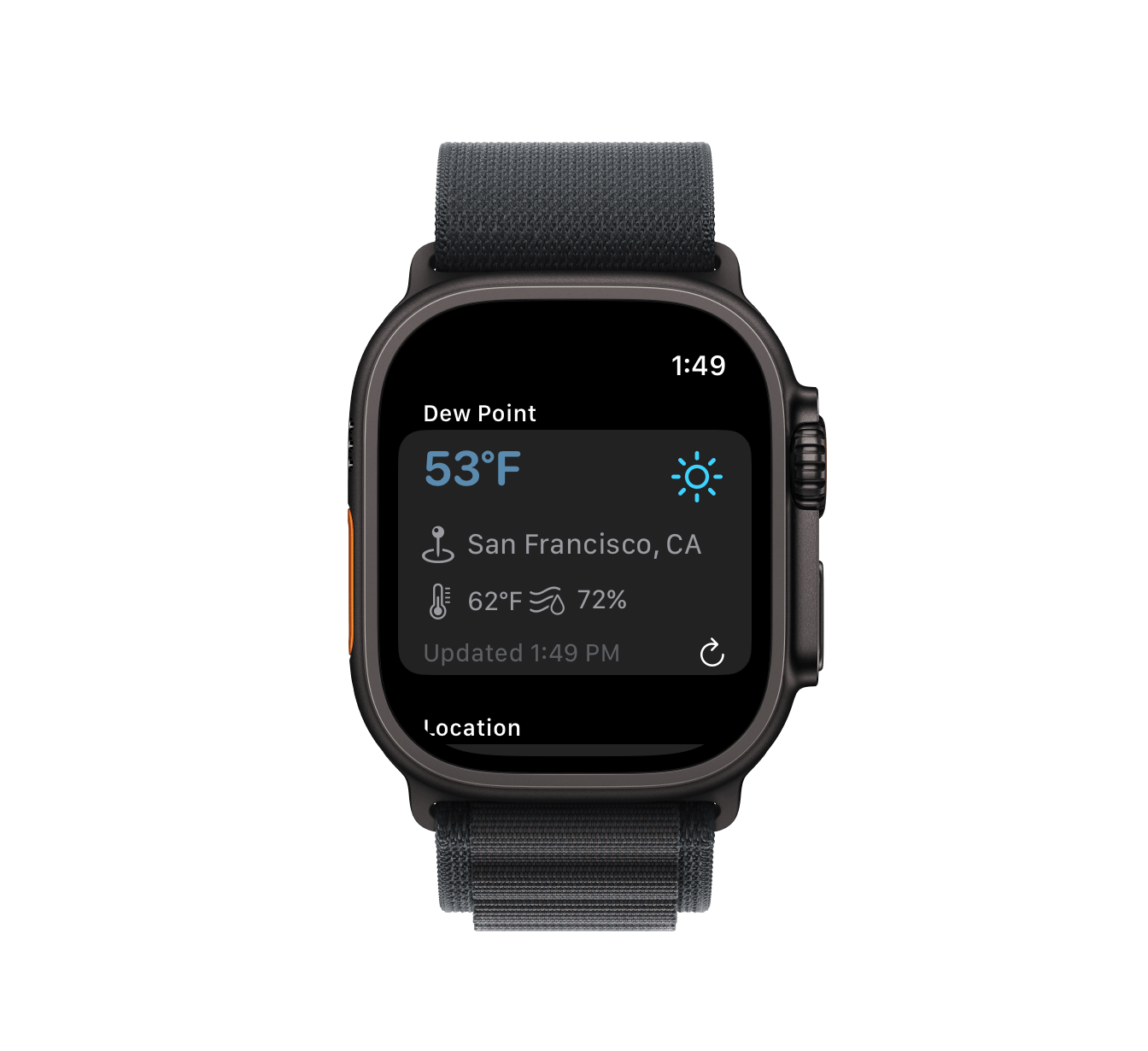 JustDew Apple Watch app showing dew point, location, air temperature, and humidity