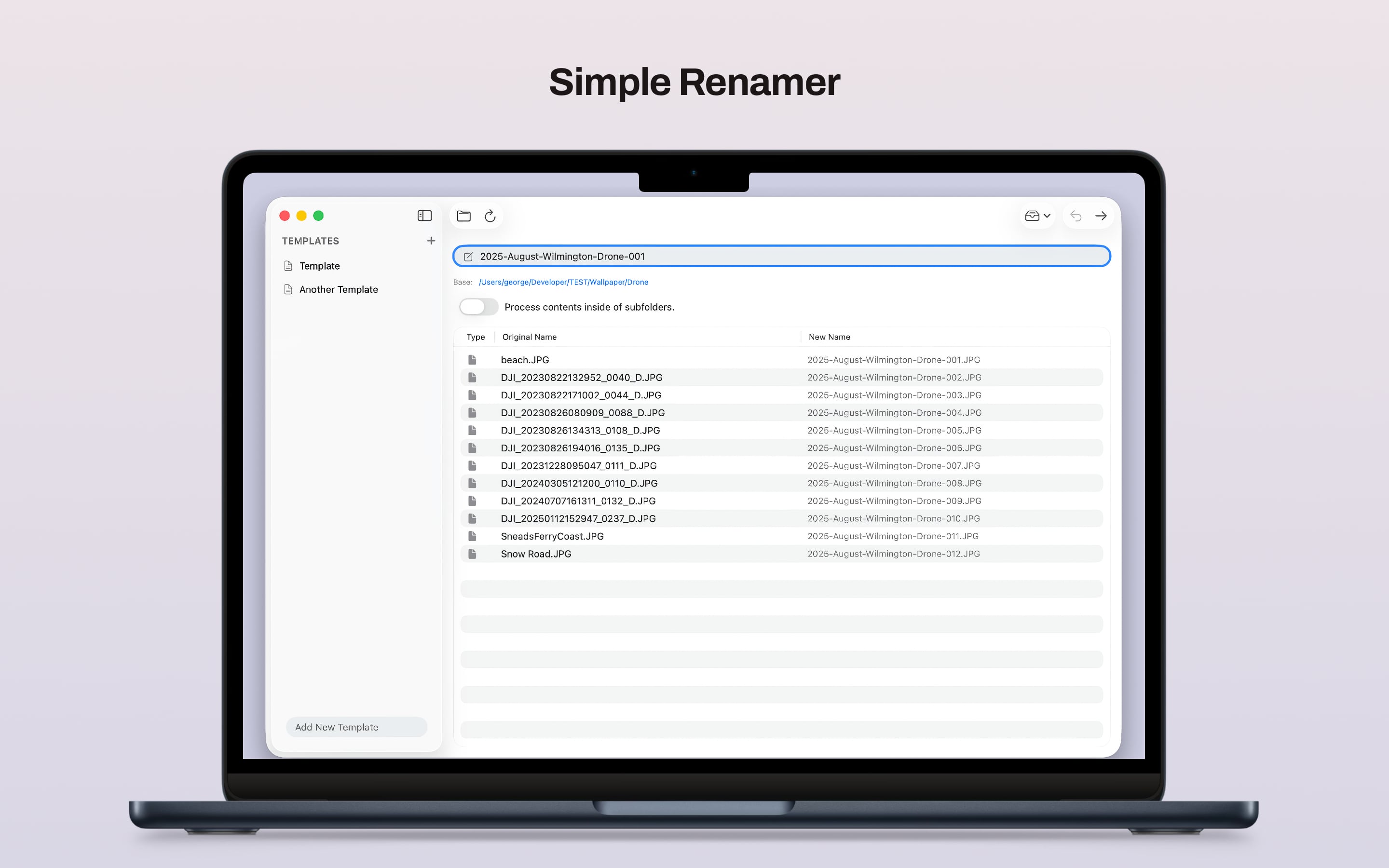 Simple Renamer main window showing file rename preview