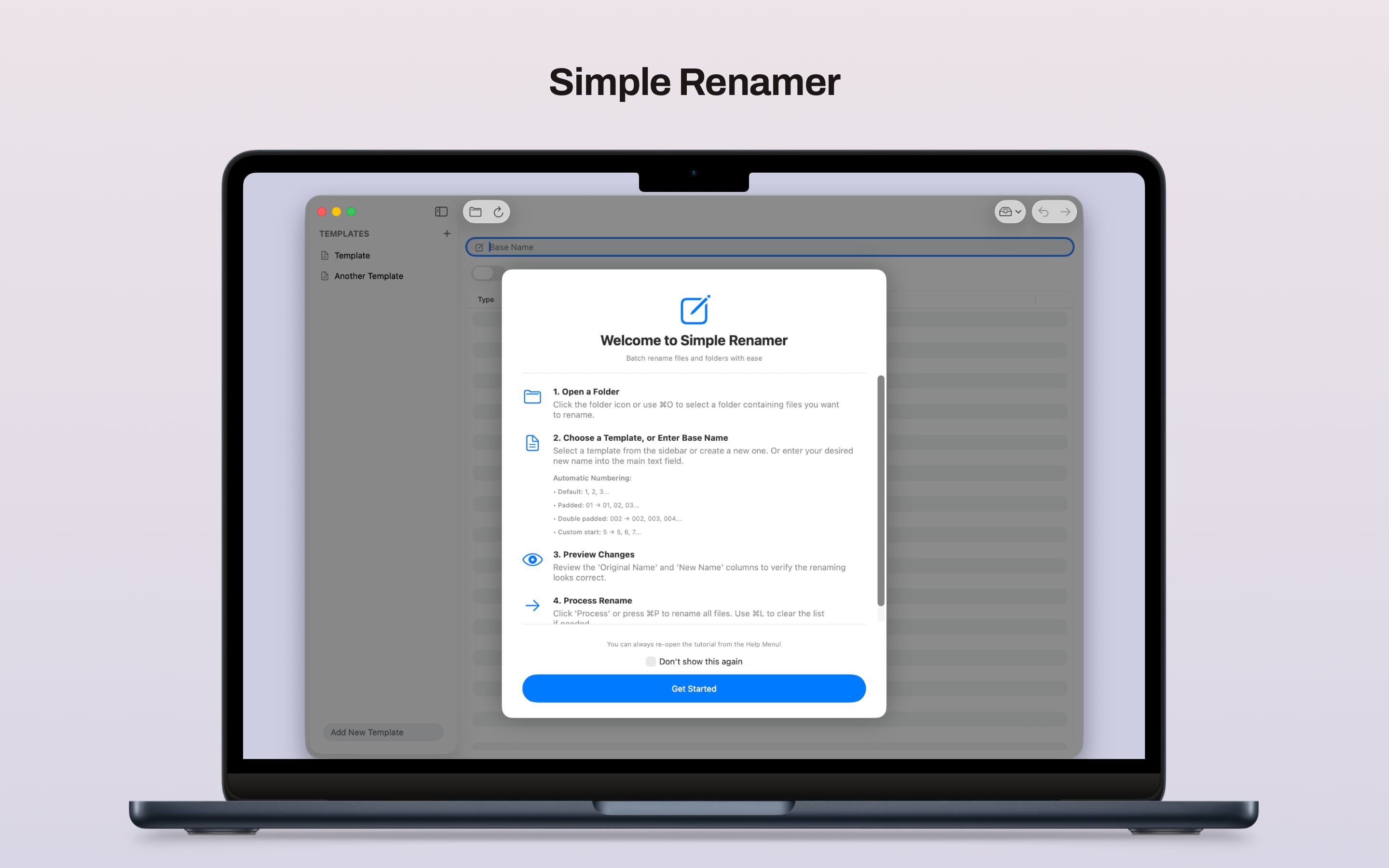 Simple Renamer screenshot showing templates and file previews