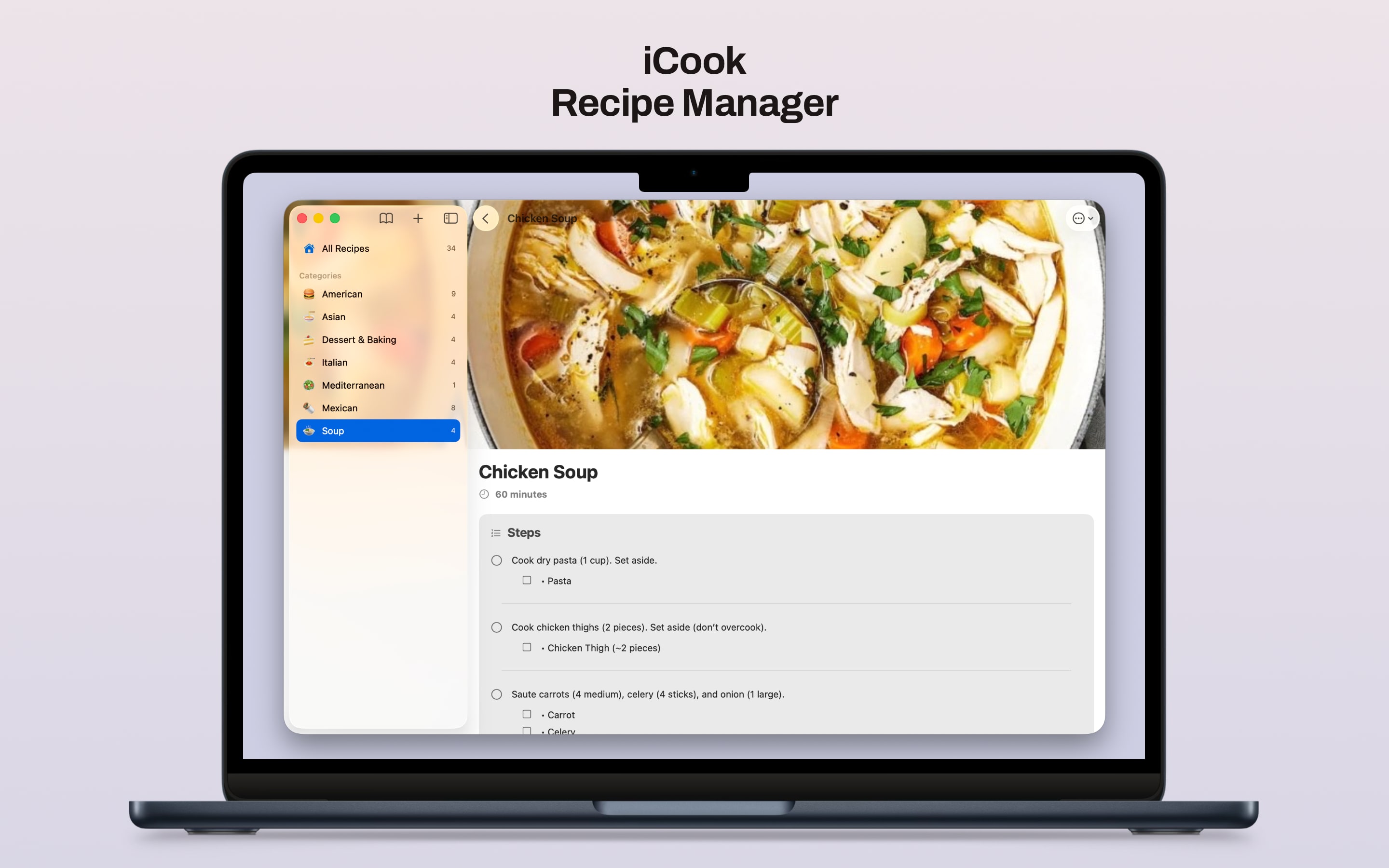 iCook on Mac showing recipe collections and details