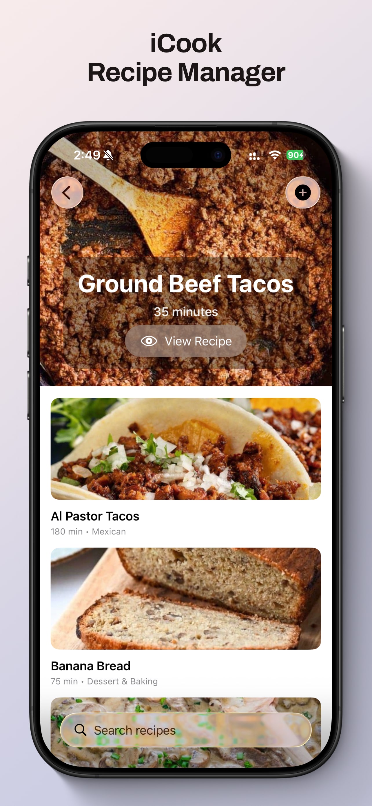 iCook on iPhone showing a recipe detail screen
