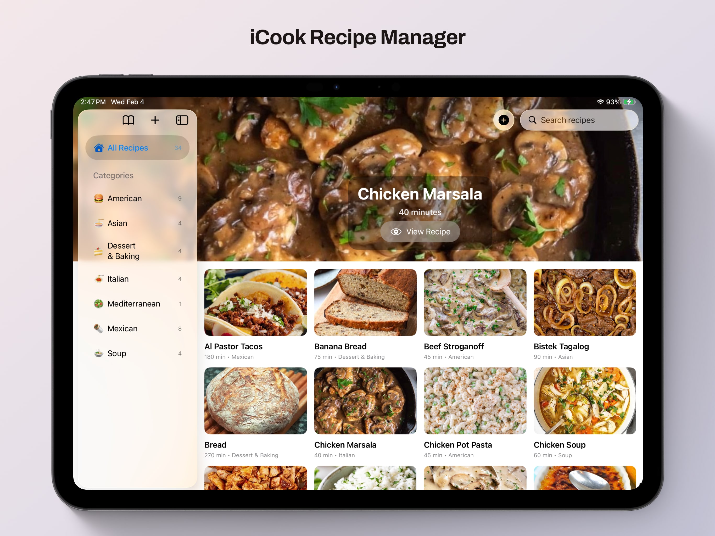 iCook on iPad showing the collection and recipe interface