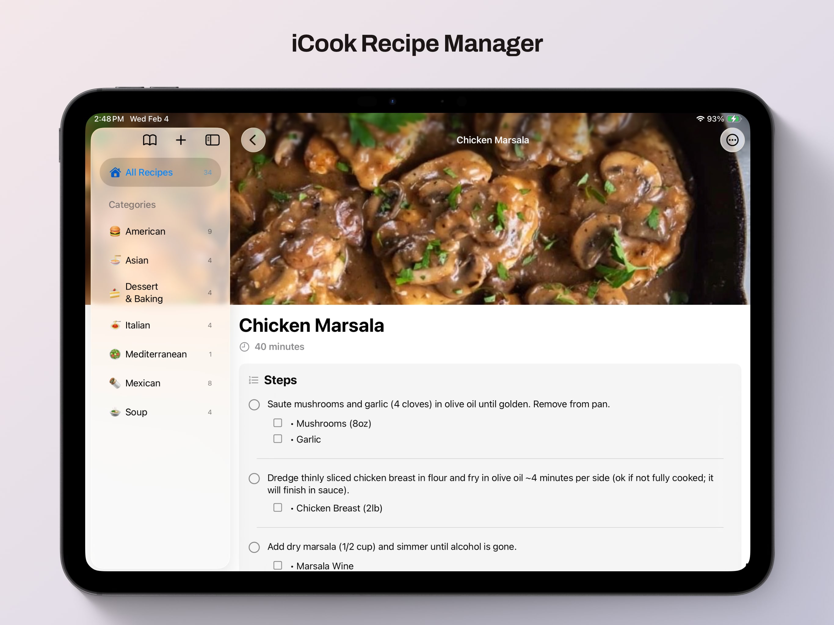 iCook on iPad showing category and recipe management