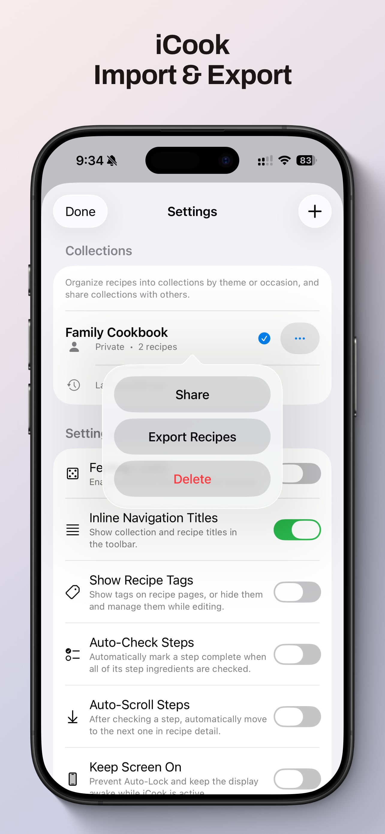 Open collection actions for export in iCook