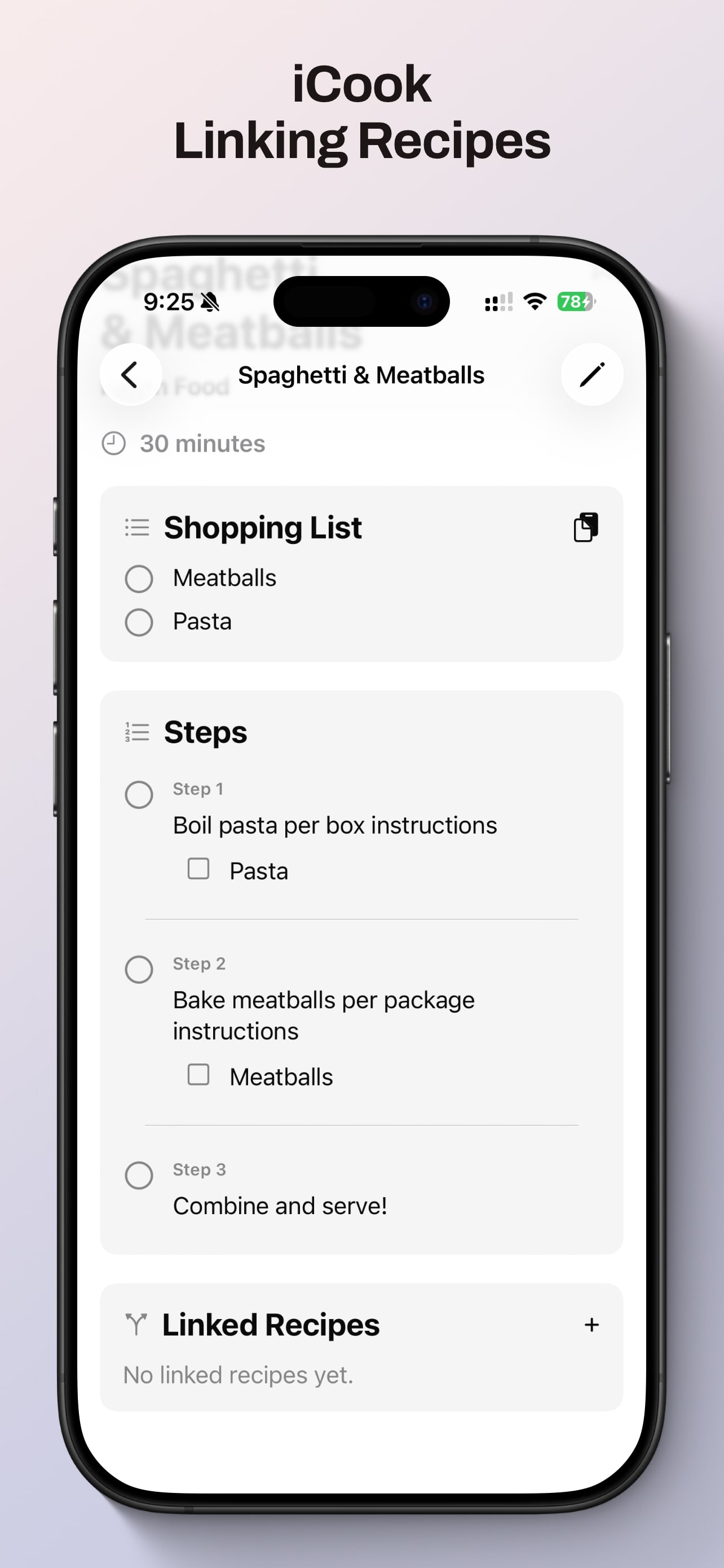 Open linked recipes from a recipe detail screen in iCook
