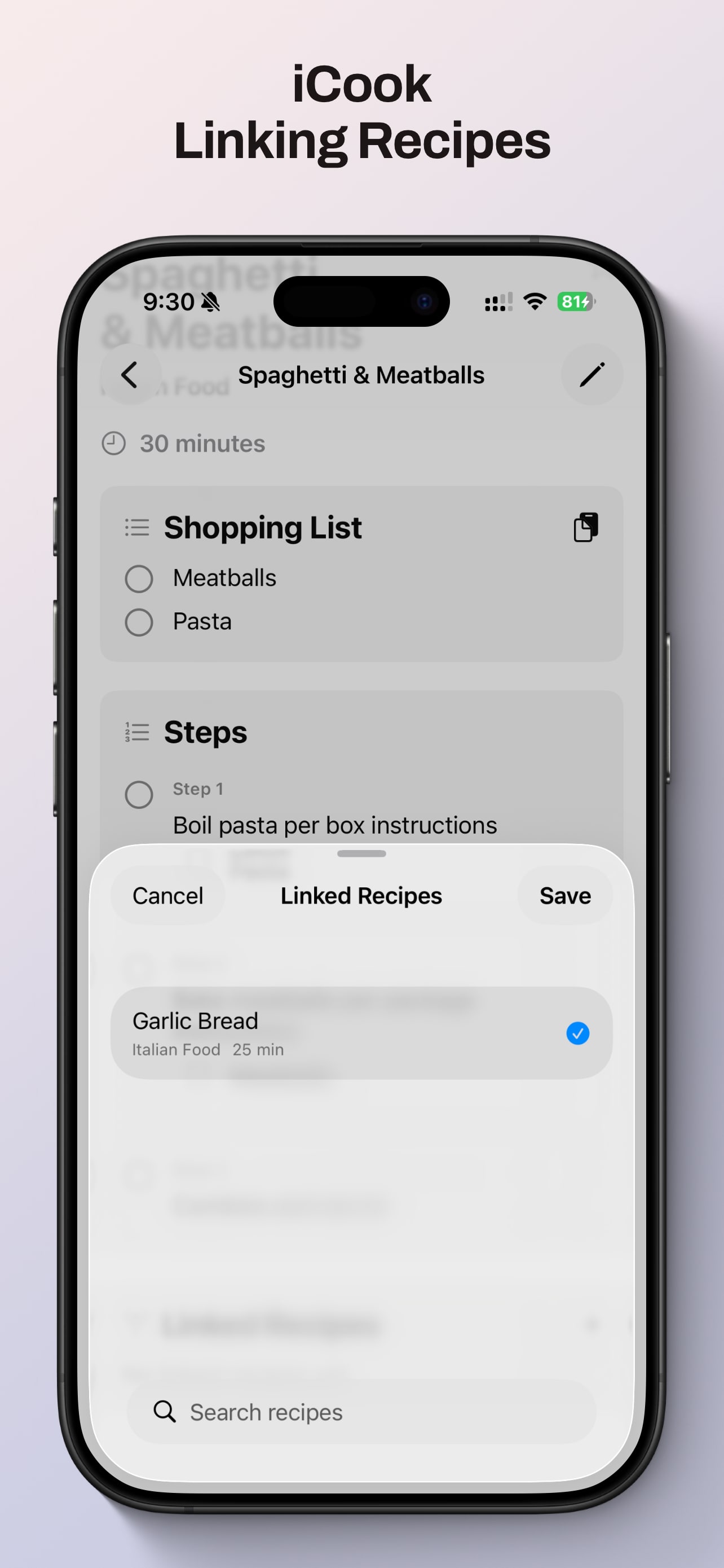 Choose recipes to link in iCook