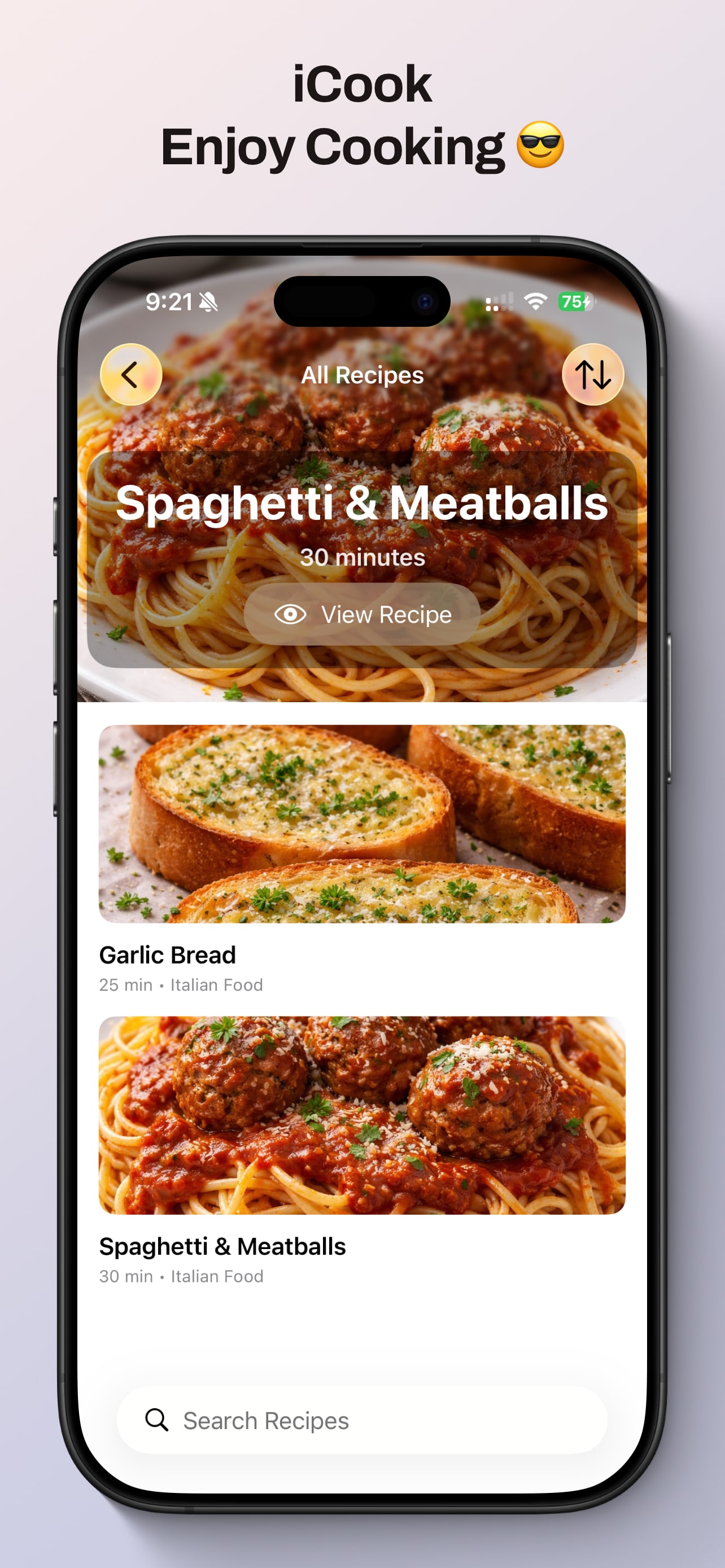 View a recipe detail screen in iCook